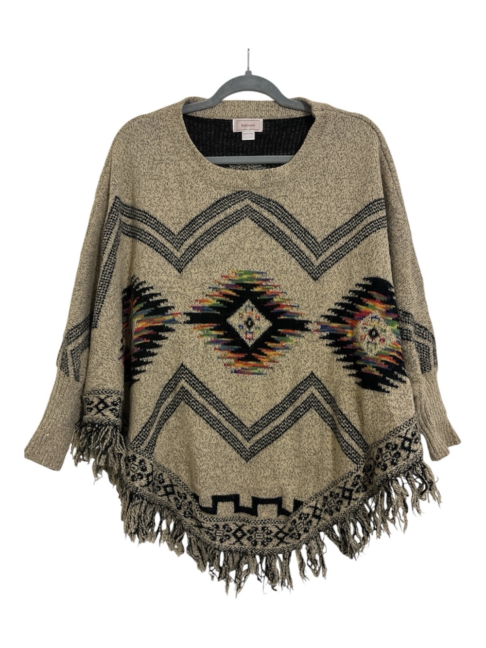 Kamana Boho Aztec Fringe Poncho Sweater - Beige Multicolor